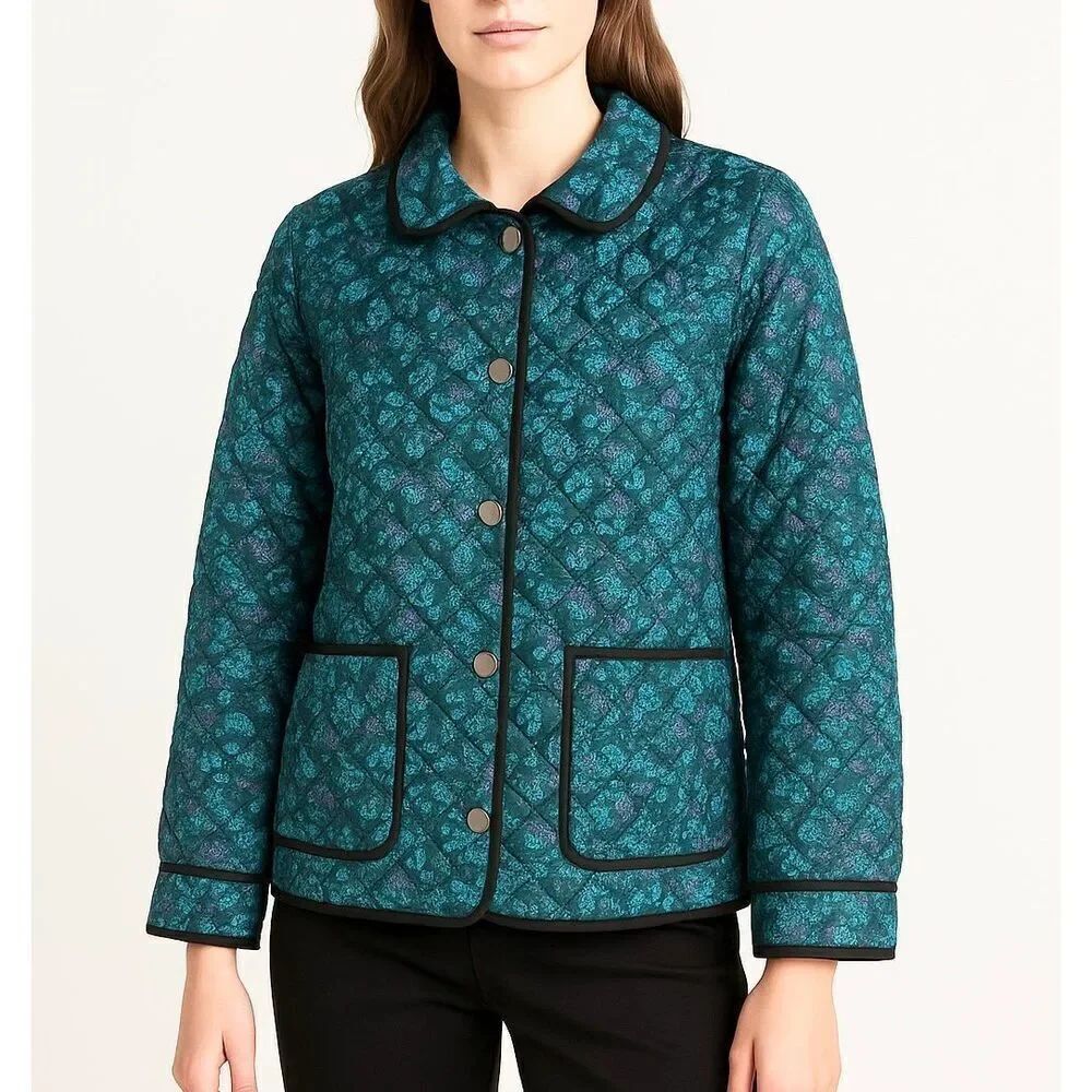 Carlisle Collection Blue Floral Snap Front Collared Silk Quilted Jacket Size 12